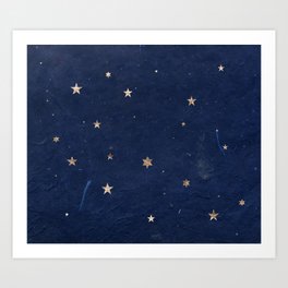 Good night - Leaf Gold Stars on Dark Blue Background Art Print