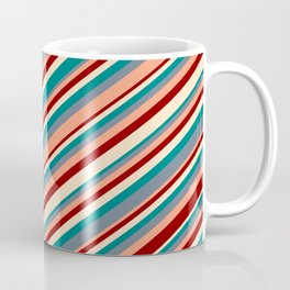 [ Thumbnail: Eye-catching Bisque, Teal, Slate Gray, Light Salmon & Dark Red Colored Stripes Pattern Coffee Mug ]