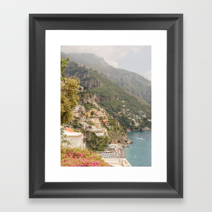 Positano view, houses, sea and little umbrellas | Travel photography Amalfi Coast Italy Europe Framed Art Print