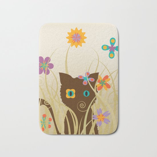 Whimsical Blooming Flowers and Brown Kitty Cat Bath Mat