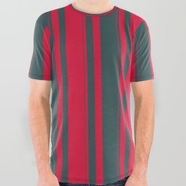 [ Thumbnail: Dark Slate Gray & Crimson Colored Striped/Lined Pattern All Over Graphic Tee ]