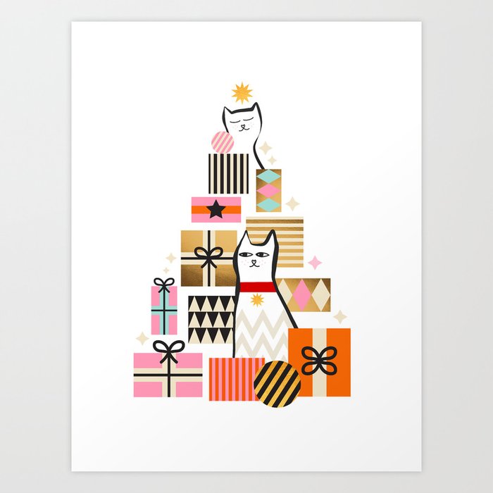 Retro Merry Cat-Mas with cats, gifts, Christmas tree Art Print