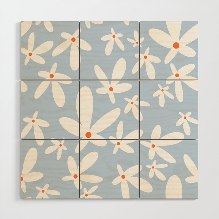 Quirky Floral in Light Blue, Orange and White Wood Wall Art