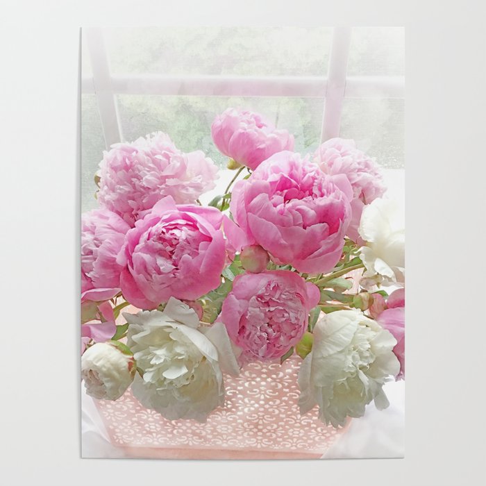 Shabby Chic Garden Pink White Peonies In Window Cottage Flower Wall Art Print, Home Decor, Gift Decor Poster