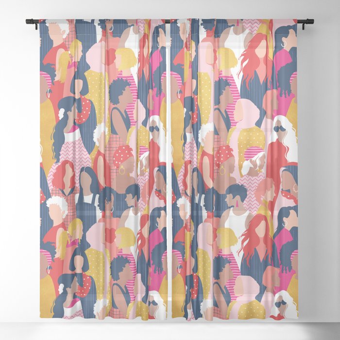 Every day we glow International Women's Day // midnight navy blue background pastel and fuchsia pink coral vivid red and gold humans  Sheer Curtain
