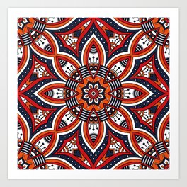 Painterly Nature Boho Floral Mandala Art Print | Boldcolors, Autumn, Nature, Flower, Circle, Fall, Orange, Pattern, Vintage, Navyblue 
