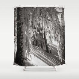 Sunlight through winter forest trees, new snowfall black and white photograph / photography by Rudolf Koppitz Shower Curtain