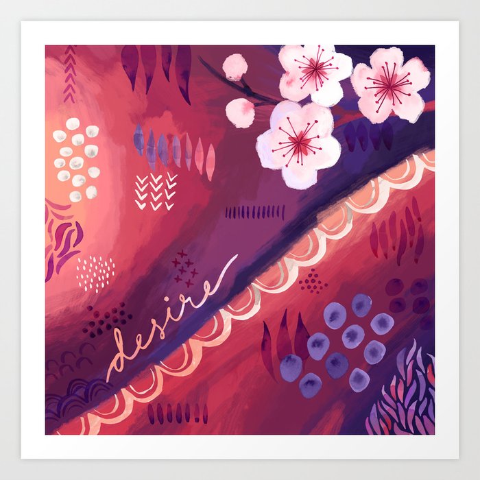 Desire Red And Purple Abstract Art With Cherry Blossom Art Print