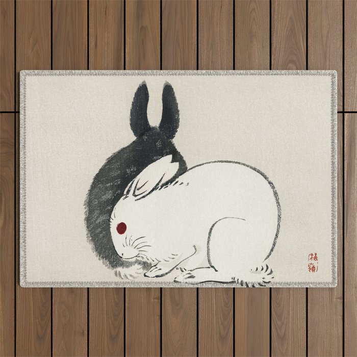 Black and white rabbits by Kōno Bairei Outdoor Rug