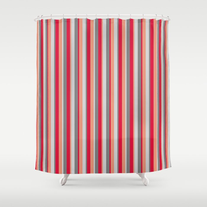 Crimson, Gray, Light Grey, and Dark Salmon Colored Lines/Stripes Pattern Shower Curtain