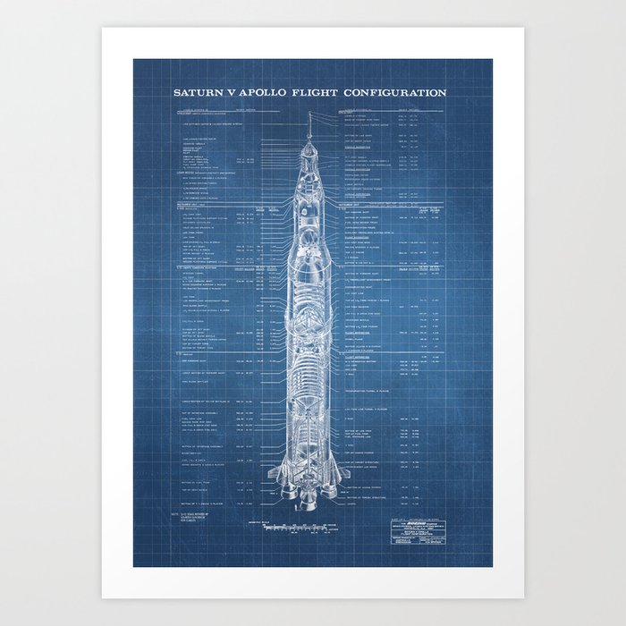 Apollo 11 Saturn V Blueprint in High Resolution (light blue) Art Print