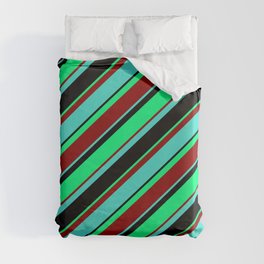 [ Thumbnail: Turquoise, Black, Green, and Dark Red Colored Lined Pattern Duvet Cover ]