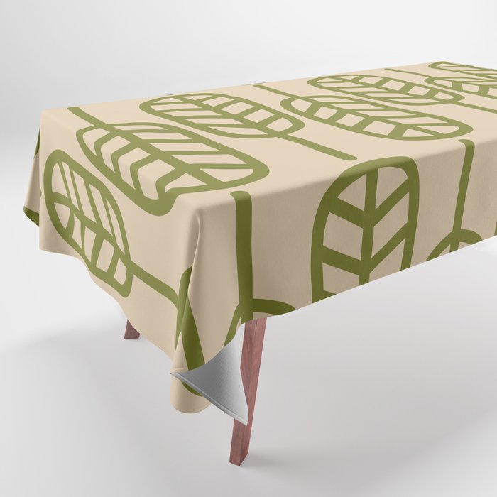 Feather Leaves Scandi Botanical Pattern in Mid Mod Beige and Olive Green Tablecloth
