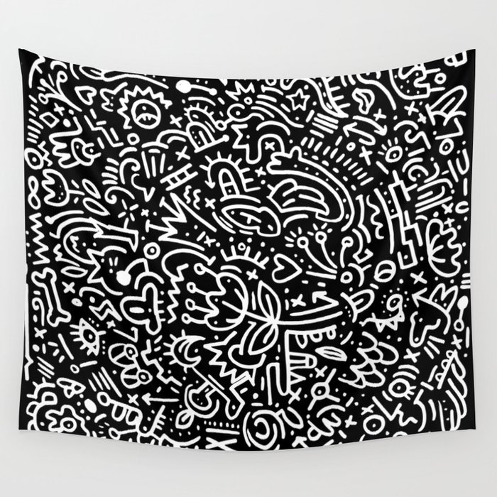 Graffiti black and white sketch doodle drawing pop modern art Wall Tapestry