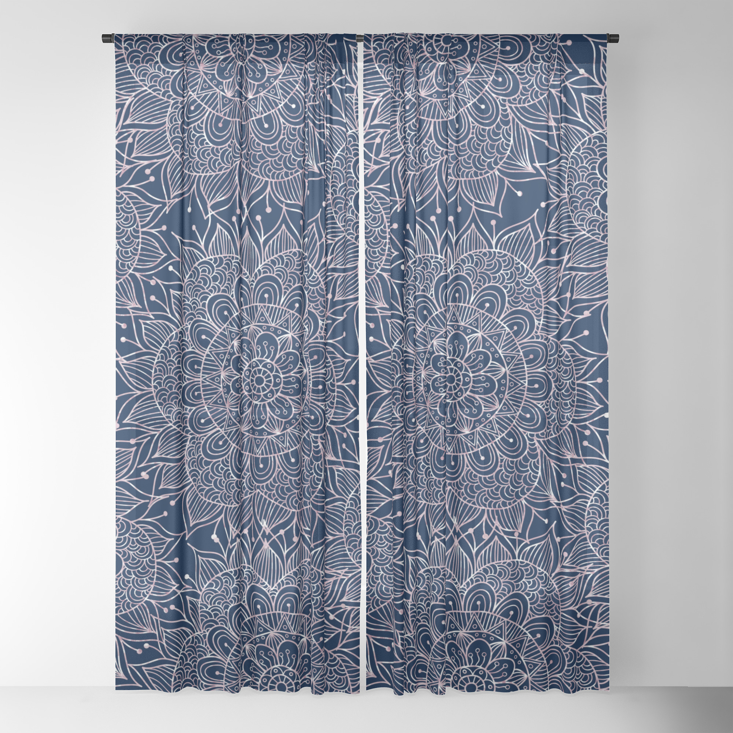 Modern Navy Blue Blush Pink Watercolor Floral Mandala Sheer