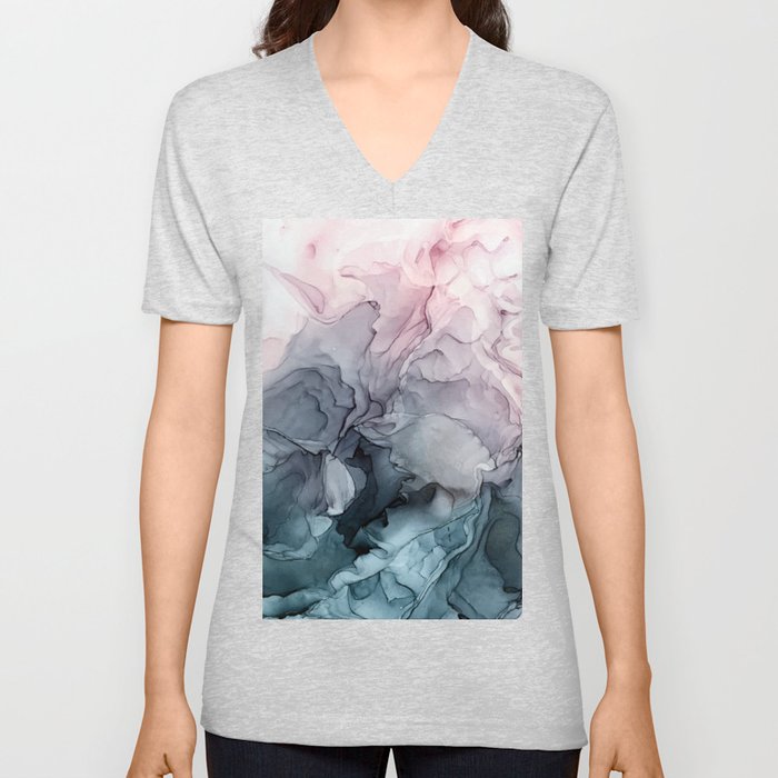 Blush and Payne's Grey Flowing Abstract Painting V Neck T Shirt