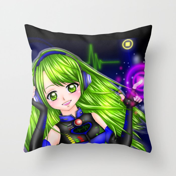 Press the Play Button - Anime Girl with Headphones Throw Pillow