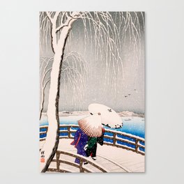 Snow On Willow Bridge Ohara Shoson Koson Canvas Print