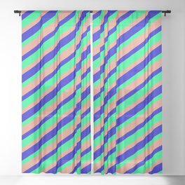 [ Thumbnail: Blue, Green, and Dark Salmon Colored Lined Pattern Sheer Curtain ]