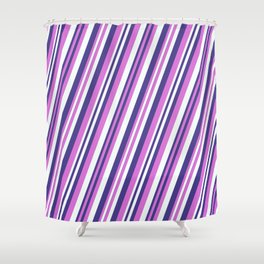 [ Thumbnail: Dark Slate Blue, Orchid, and Mint Cream Colored Pattern of Stripes Shower Curtain ]