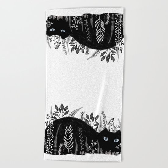 Garden Cat Black And White Beach Towel
