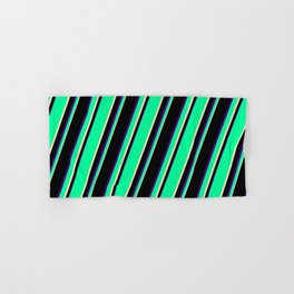 [ Thumbnail: Green, Tan, Black, and Indigo Colored Lines/Stripes Pattern Hand & Bath Towel ]