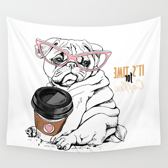 Cute Pug Puppy Pink Glasses Plastic Pug Lover Wall Tapestry