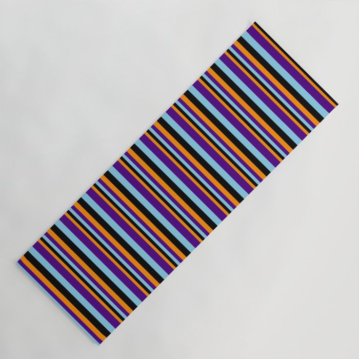 Dark Orange, Black, Sky Blue, and Indigo Colored Striped Pattern Yoga Mat