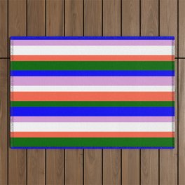[ Thumbnail: White, Red, Dark Green, Blue & Plum Colored Lines Pattern Outdoor Rug ]