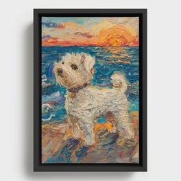 A painting of a white dog standing on the beach by the sunset in the background Framed Canvas