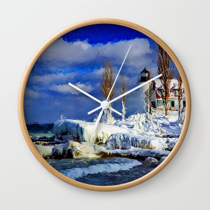 Coastal New England Winter Lighthouse Landscape Scene Wall Clock