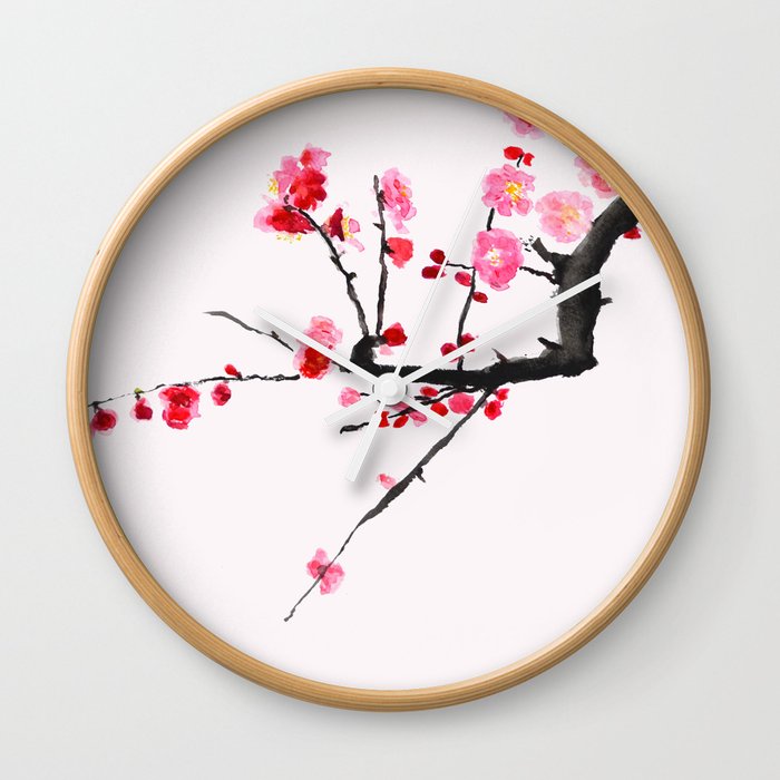 red plum flower red background Wall Clock