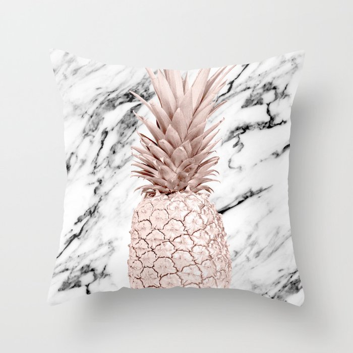 Rose Gold Pineapple on Black and White Marble Throw Pillow