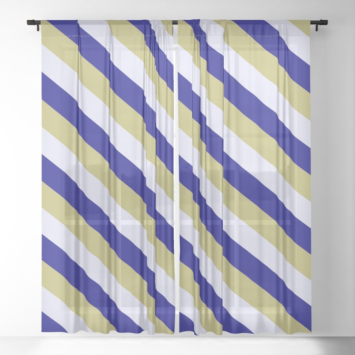 Blue, Dark Khaki & Lavender Colored Lined/Striped Pattern Sheer Curtain