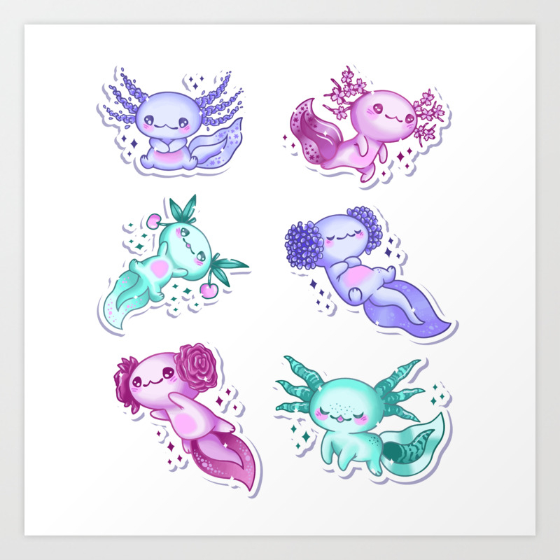Kawaii Axolotl Cartoon Stickers Art Print by ornamio | Society6