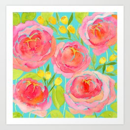 Pink Peonies On Turquoise - Watercolor Floral Print  Art Print