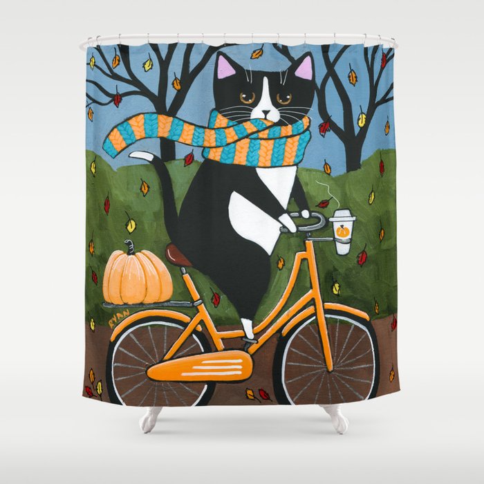 Tuxedo Cat Autumn Bicycle Ride Shower Curtain