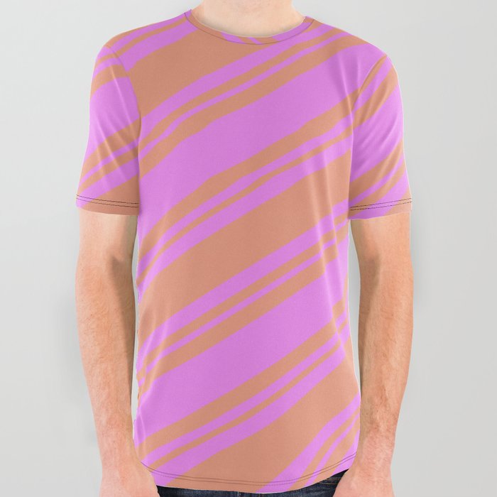Violet and Dark Salmon Colored Striped/Lined Pattern All Over Graphic Tee