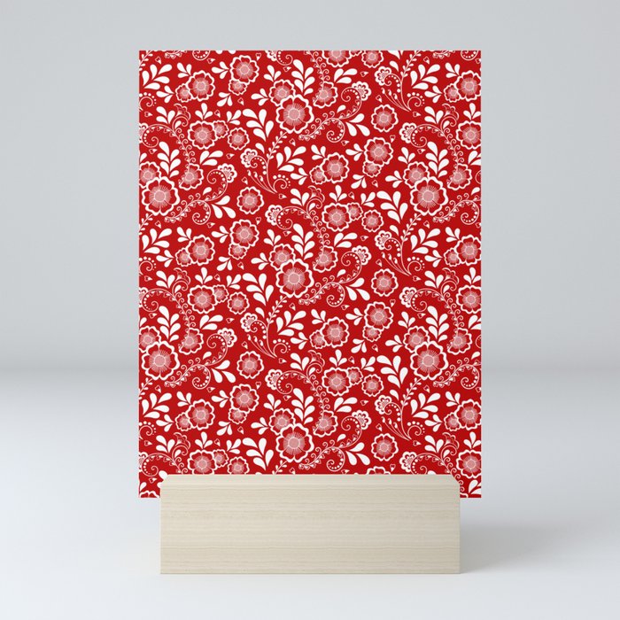 Red And White Eastern Floral Pattern Mini Art Print