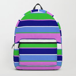 [ Thumbnail: Cornflower Blue, Lime Green, Violet, Dark Blue & White Colored Stripes/Lines Pattern Backpack ]