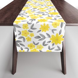 Watercolor Spring Summer Flowers, Yellow and Grey Table Runner