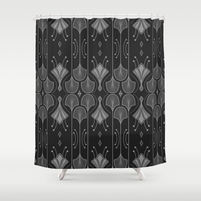 Art Deco Leaf Shapes Black Grey Shower Curtain