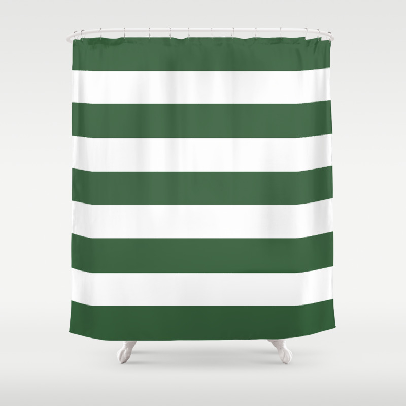 Hunter Green Solid Color White Stripes Pattern Shower Curtain