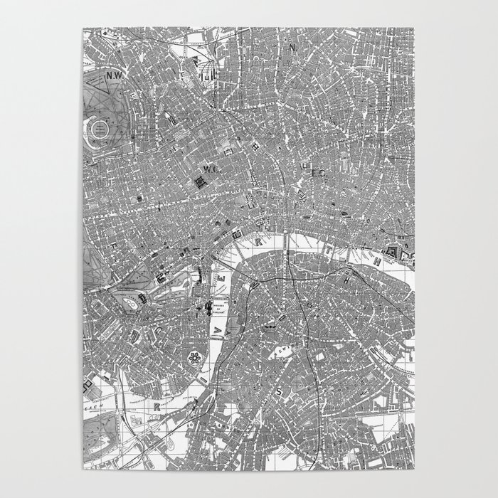 Vintage Map of London England (1862) BW Poster