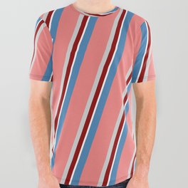 [ Thumbnail: Eyecatching Blue, Light Coral, Light Grey, Dark Red, and White Colored Stripes Pattern All Over Graphic Tee ]