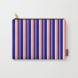 [ Thumbnail: Red, White, and Dark Blue Colored Stripes Pattern Carry-All Pouch ]