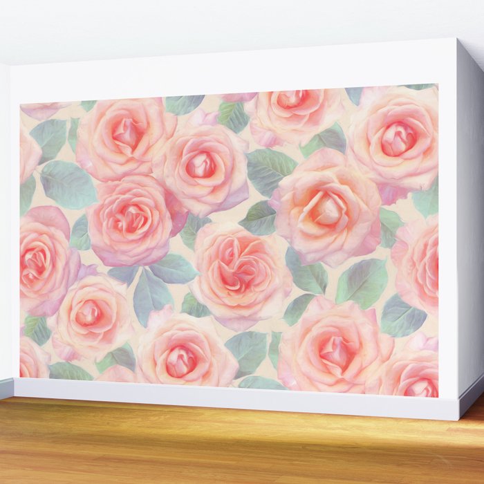 Opal Pink And Peach Painted Roses Wall Mural By Micklyn Society6