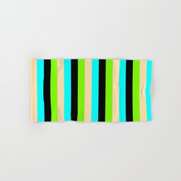 [ Thumbnail: Aqua, Tan, Green, and Black Colored Stripes Pattern Hand & Bath Towel ]