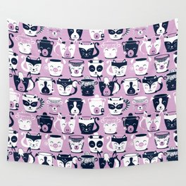 Cuddly Tea Time // white navy & light orchid pink animal mugs Wall Tapestry