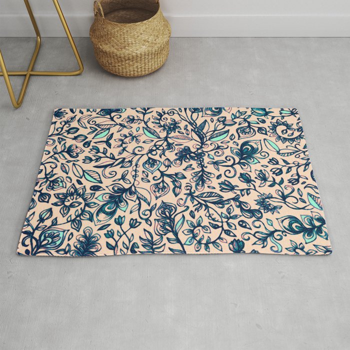 Teal Garden Floral Doodle Pattern In Cream Navy Blue Rug By